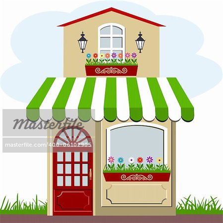 Vector illustration of little cute retro house and store, shop or boutique with green awning
