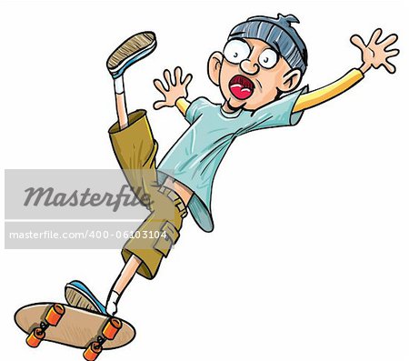 Cartoon skater falling of his skateboard. Isolated