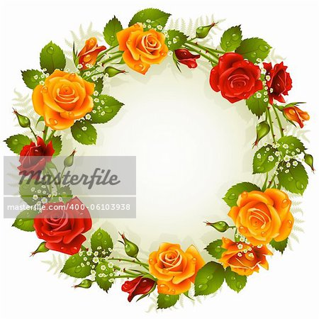 Vector red and yellow rose frame in the shape of circle