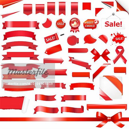 Big Red Ribbons Set, Isolated On White Background, Vector Illustration