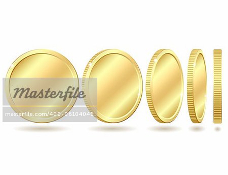 Gold coin with different angles. Vector illustration isolated on white background