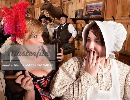Two ladies gossiping in an American old west tavern