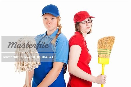 Two teenage girls with their first jobs.  Both are bored and unhappy.  Isolated on white.