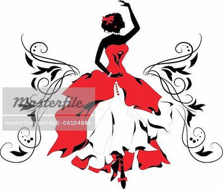 Graphic silhouette of a woman.  Ballerina with floral ornament.
