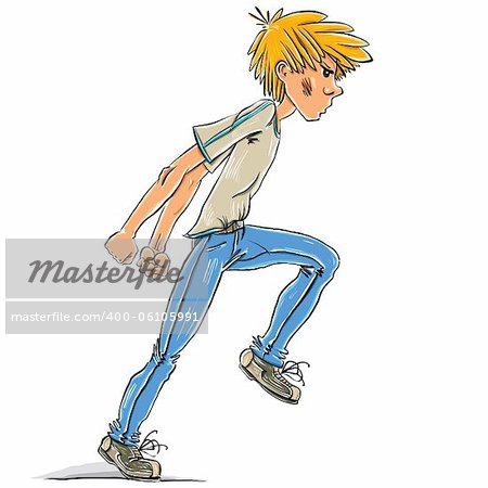 Angry teen boy walking with fists clenched vector cartoon.