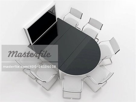 rounded table, chairs and screen for presentations in modern meeting room