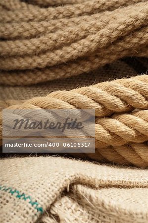 Natural jute rope detail macro shot on a cloth