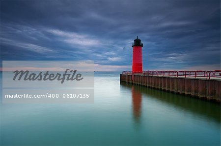 Image of the Milwaukee Lighthouse at sunset.