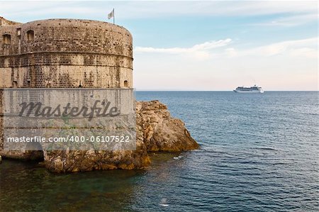 Cruise Ship Approaching City Walls of Dubrovnik, Croatia