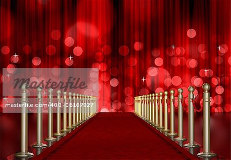 red carpet entrance with the stanchions and the ropes. red Light Burst over curtain