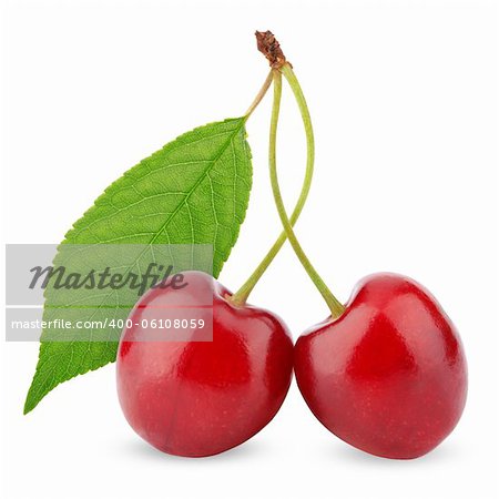 Two sweet cherries with leaf isolated on white background