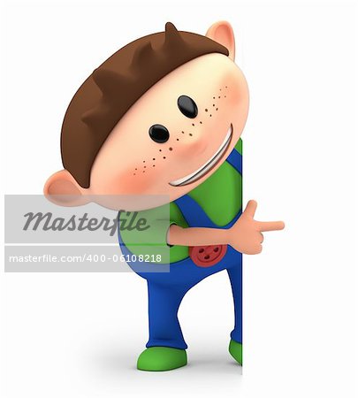 cute little cartoon pointing from behind blank sign - high quality 3d illustration