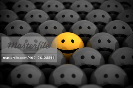 smiley face in the middle of grey crowd