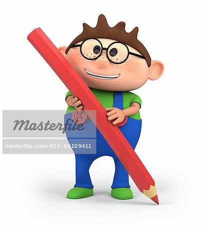 cute little cartoon boy holding a red pencil - high quality 3d illustration
