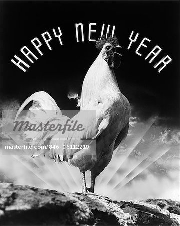 1950s ROOSTER STANDING ON HILL CROWING WITH RAYS OF SUNLIGHT PEEKING UP FROM BEHIND & HAPPY NEW YEAR SPELLED OUT IN ARC OVERHEAD