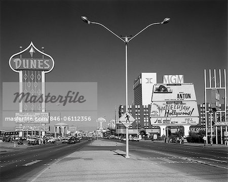 1980s DAYTIME THE STRIP LAS VEGAS NEVADA WITH SIGNS FOR THE DUNES MGM FLAMINGO