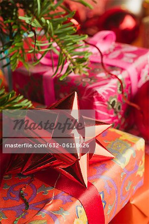 Festively wrapped Christmas gifts