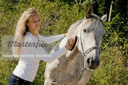 Woman Brushing Horse