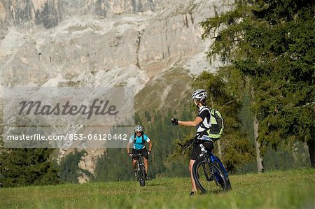 Two mountainbikers in the Dolomites, South Tyrol, Italy
