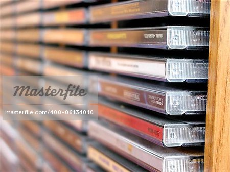 Rows of music cds in a cd holder, shallow dof