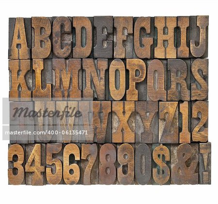 letters and numbers in vintage letterpress wood type - alphabet in French clarendon typeset