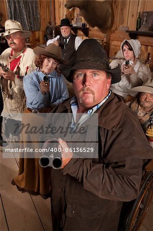 Heavyset gunslinger with shotgun in crowded old western saloon