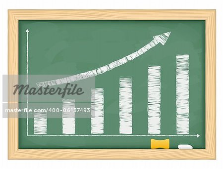 Blackboard with hand drawn growing bar graph and arrow, vector eps10 illustration
