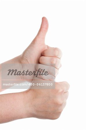 Female hands doing double thumbs up on a white background