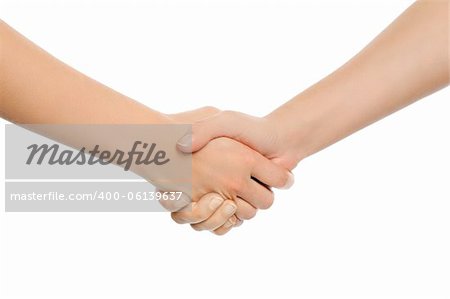 Two woman shaking hands. Isolated on white background.