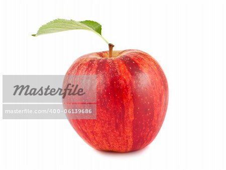 Ripe red apple with green leaf isolated on white background