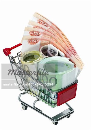 Shopping Cart with money isolated on white background