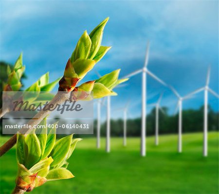 Ecology concept. Renewable energy from wind turbines.