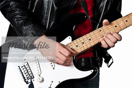 Guitarist playing on electric guitar isolated on white background