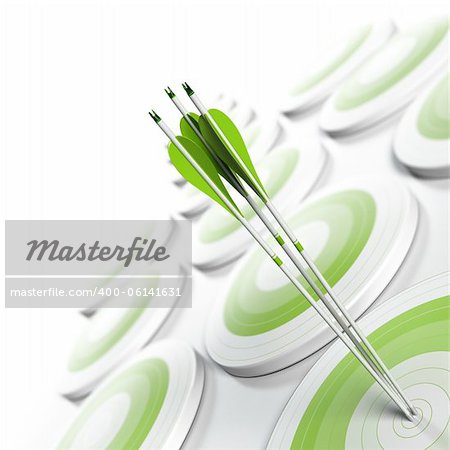 many green targets and three arrows reaching the center of objective, image fading from green to white with blur effect, square format. Strategic marketing or business competitive advantage concept.
