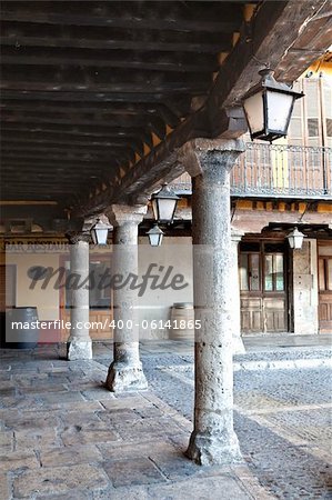 The Plaza Mayor of Tordesillas (Spain) is the historic and attractive central community space framed by the 17th century colonnade and porticos creating the arcade that encircles it.