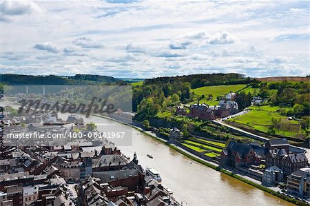 Bird's Eye View to the Embankment of the River Meuse in the Belgian City of Dinant