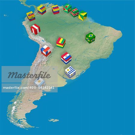 Countries of South America and blocks with flags