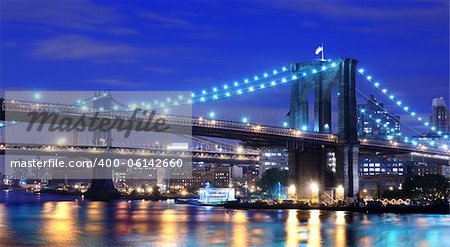Brooklyn Bridge and Manhattan Bridge spanning the East River towards Brooklyn in New York City.