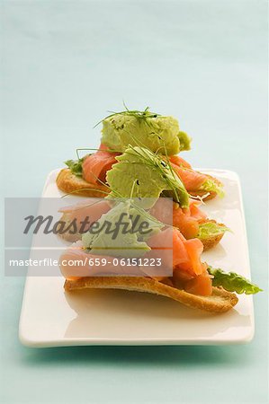 Canapes with avocado sorbet and smoked trout