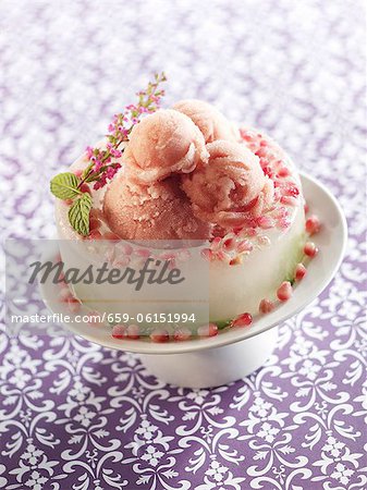 Pomegranate Sorbet in an Ice "Bowl" with a Sprig of Pink Flowers