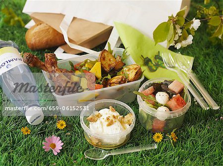 A picnic with chicken and salad on a field