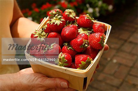 Person Carrying Wooden Basket of Fresh Organic Strawberries