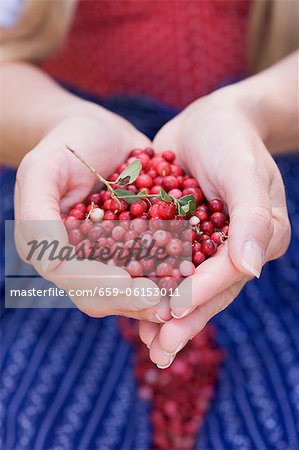 A woman holding lingonberries