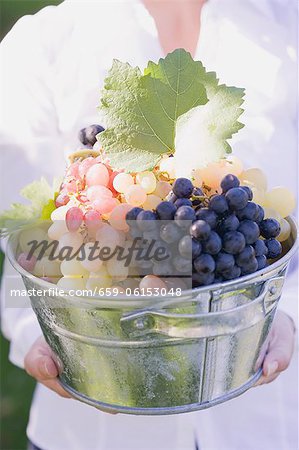 A woman holding a zinc bucket with various types of grapes