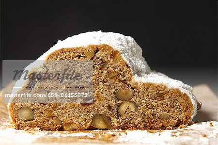 Stollen with hazelnuts and raisins, sliced