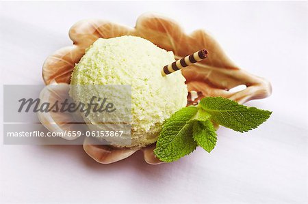 A scoop of peppermint ice cream with fresh mint