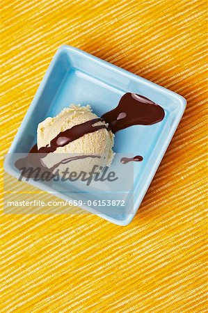 Une boule de glace vanille, sauce au chocolat