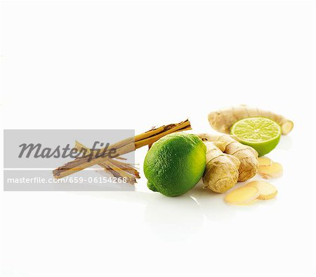 Limes, ginger and cinnamon stick Limes, ginger and cinnamon stick