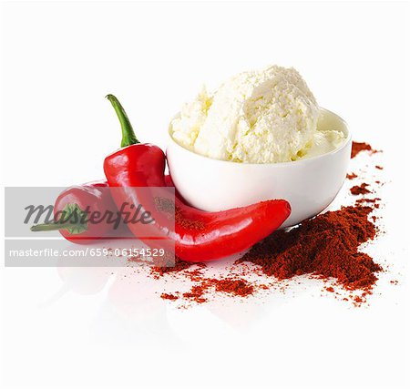 Cottage cheese, red chili peppers and chili powder