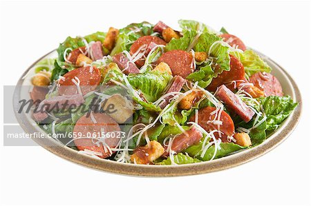 Salad with Romaine, Salami, Cheese and Croutons; White Background